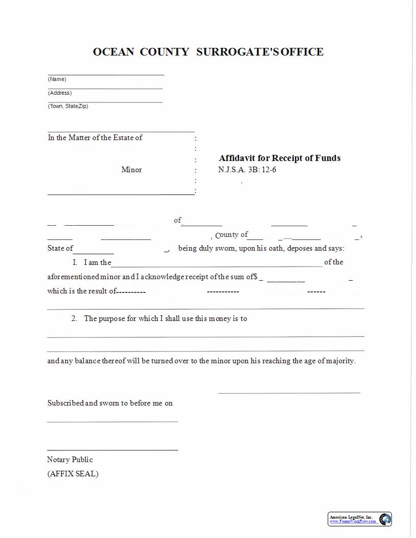 Affidavit For Receipt Of Funds | Pdf Fpdf Docx | New Jersey
