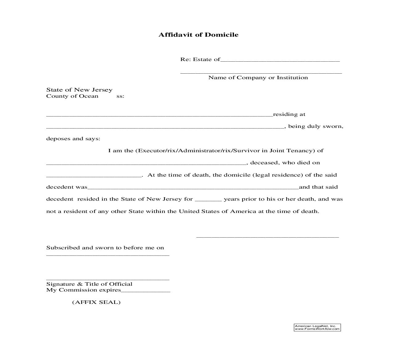 Affidavit Of Domicile | Pdf Fpdf Doc Docx | New Jersey