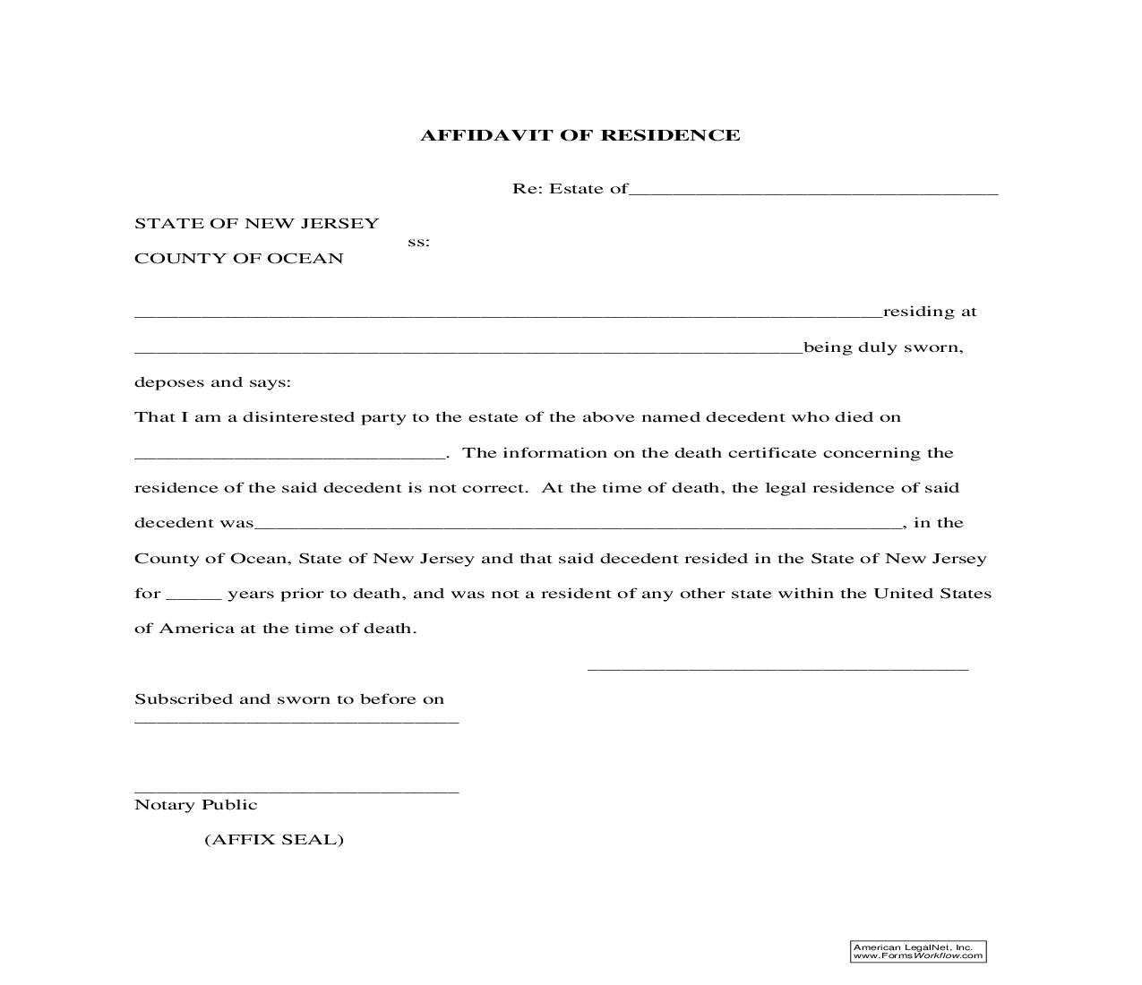 Affidavit Of Residence | Pdf Fpdf Doc Docx | New Jersey
