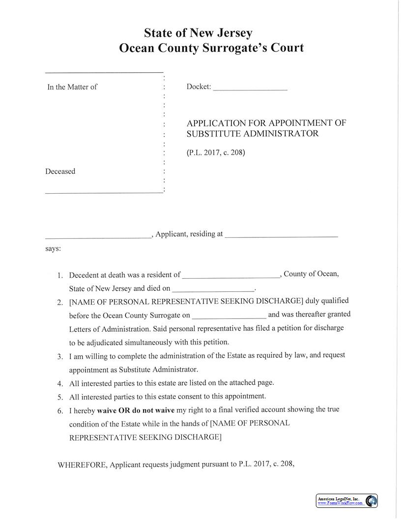 Application For Appointment Of Substitute Administrator | Pdf Fpdf Docx | New Jersey