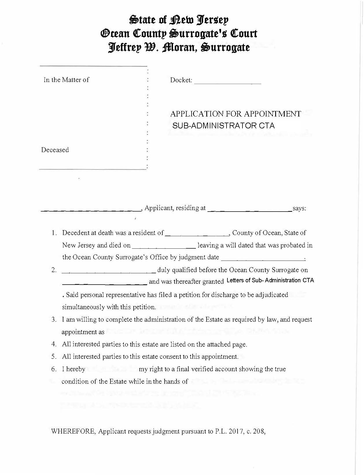 Application For Appointment Of Succeeding Executor(trix) Or Succeeding Administrator CTA | Pdf Fpdf Docx | New Jersey
