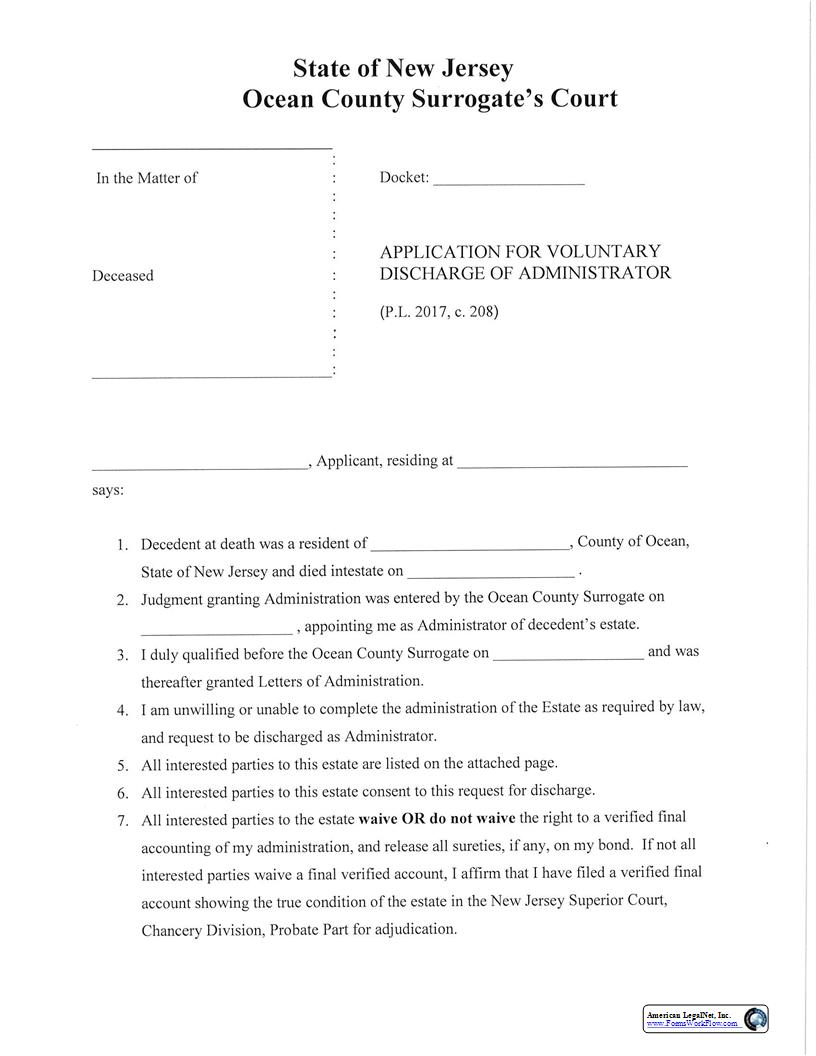 Application For Voluntary Discharge Of Administrator | Pdf Fpdf Docx | New Jersey