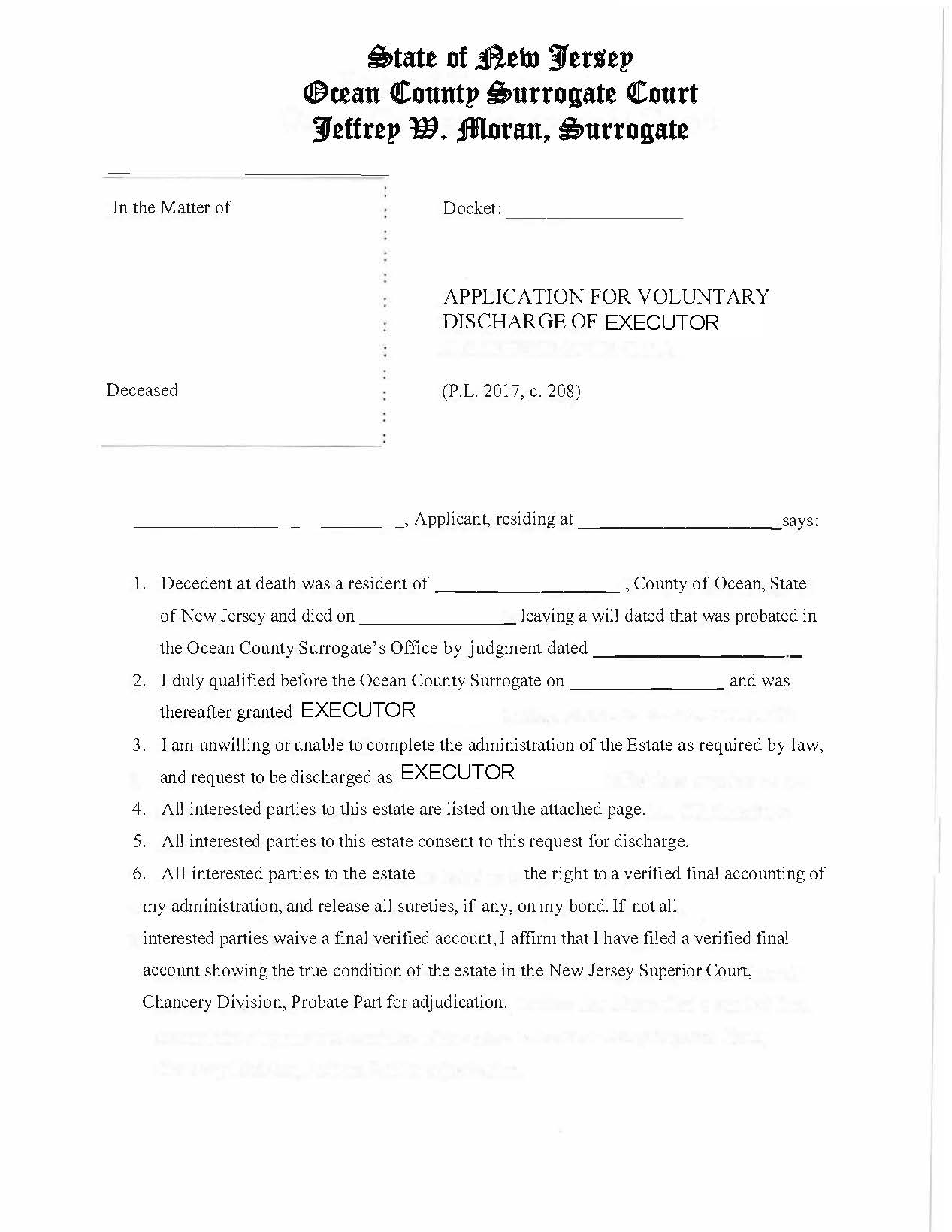Application For Voluntary Discharge Of Executor Or Administrator CTA | Pdf Fpdf Docx | New Jersey