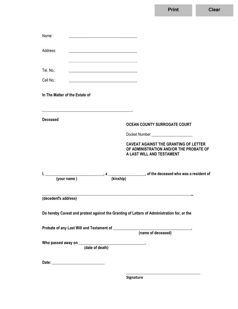 Caveat Against Granting Letter Of Administration Or Probate Of Will | Pdf Fpdf Docx | New Jersey
