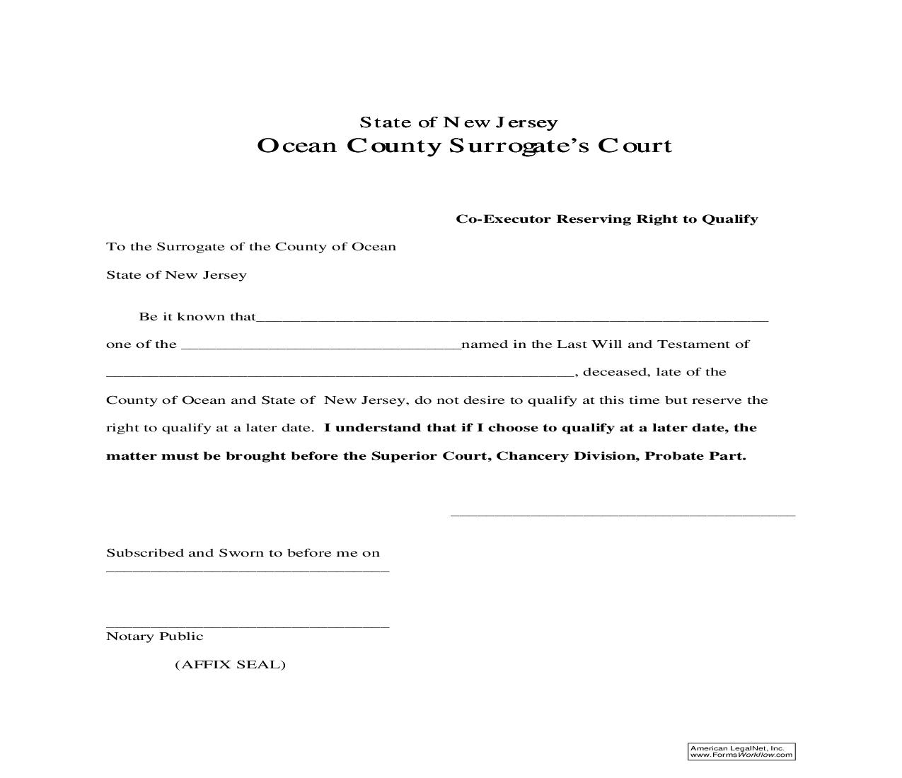 Co-Executor Reserving Right To Qualify | Pdf Fpdf Doc Docx | New Jersey