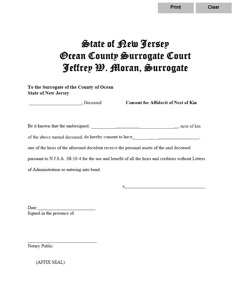 Consent For Affidavit Of Next Of Kin | Pdf Fpdf Doc Docx | New Jersey