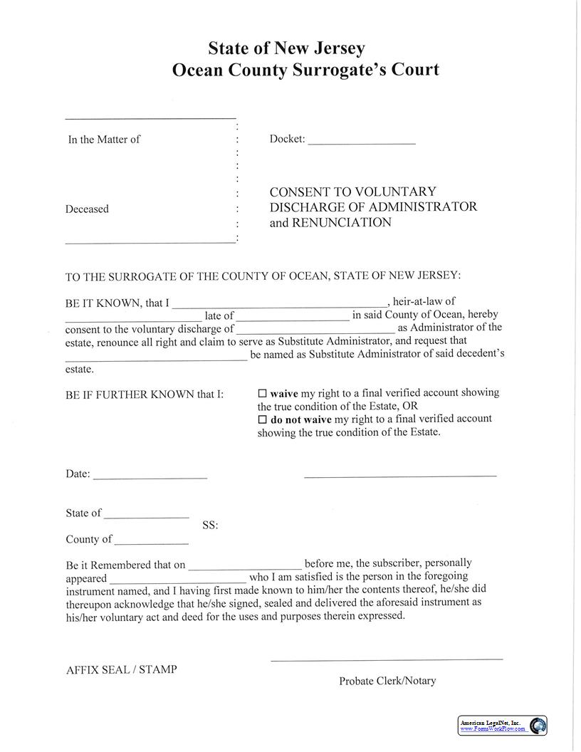 Consent To Voluntary Discharge Of Administrator And Renunciation | Pdf Fpdf Docx | New Jersey