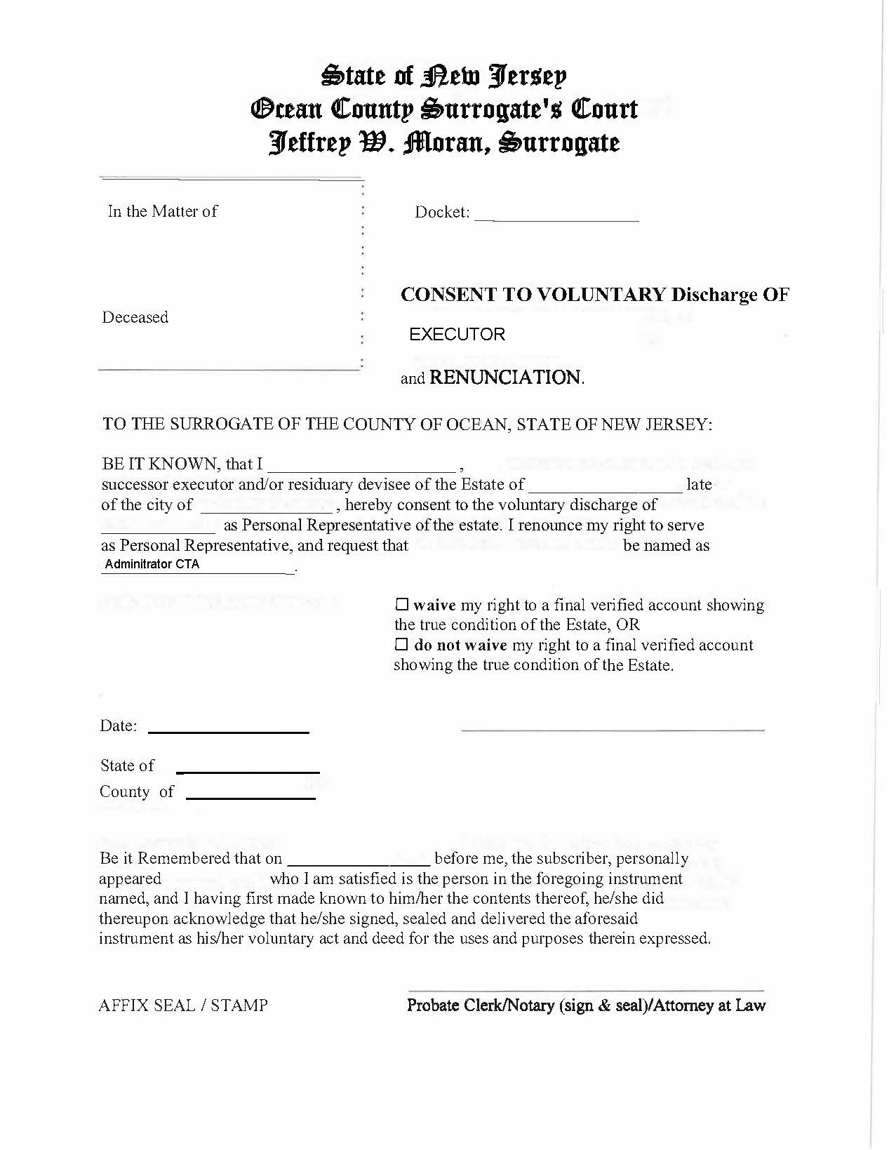 Consent To Voluntary Discharge Of Executor Or Administrator CTA And Renunciation | Pdf Fpdf Docx | New Jersey