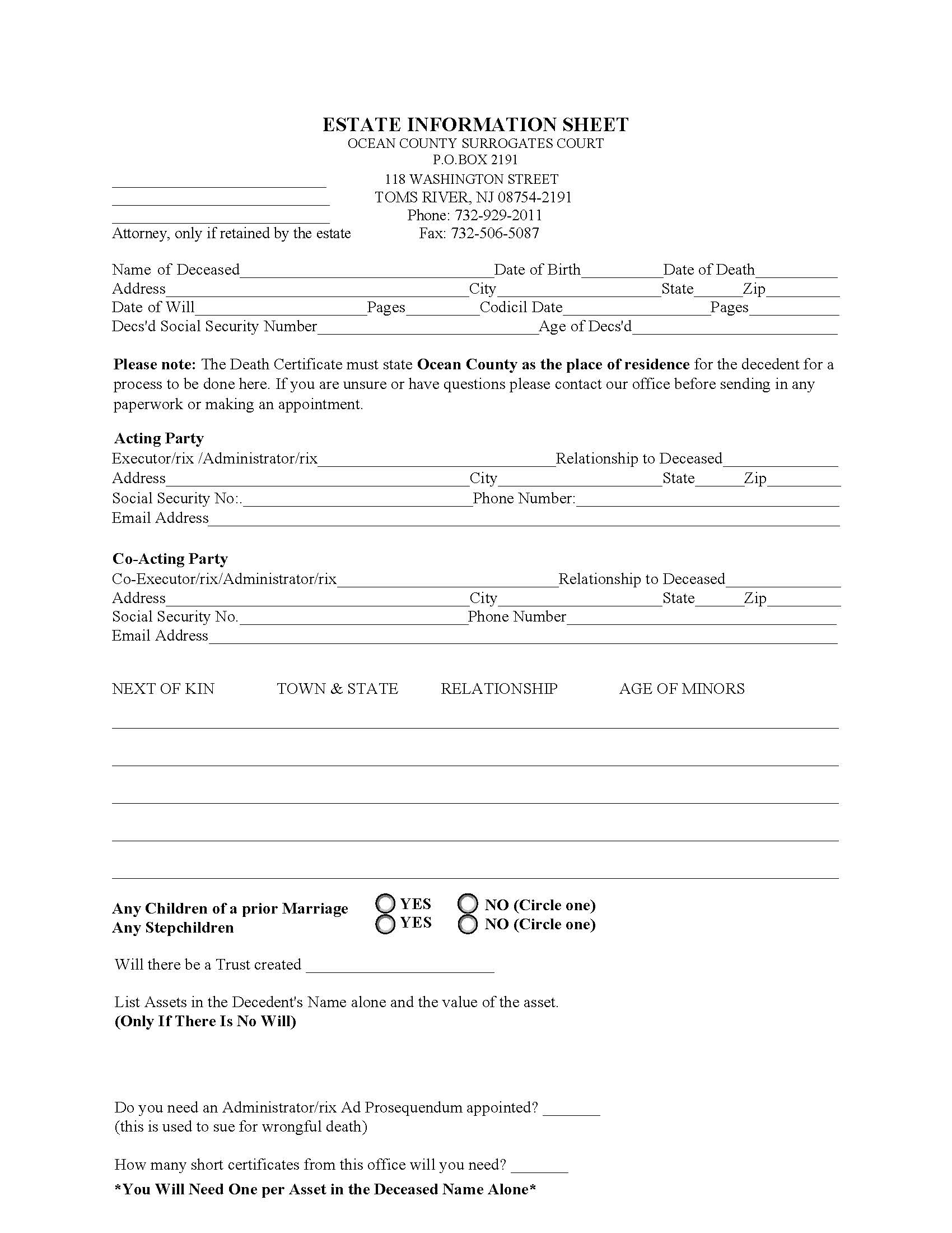 Estate Information Sheet | Pdf Fpdf Doc Docx | New Jersey