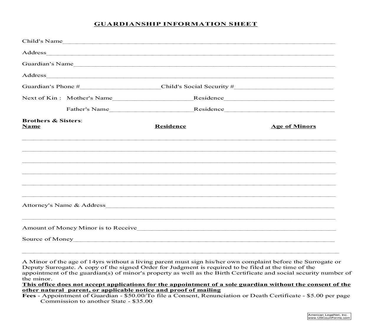 Guardianship Information Sheet | Pdf Fpdf Doc Docx | New Jersey