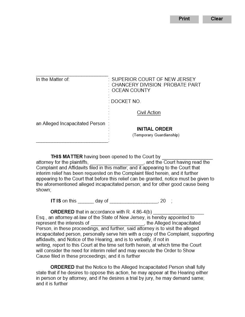 Initial Order (Temporary Guardianship) | Pdf Fpdf Docx | New Jersey