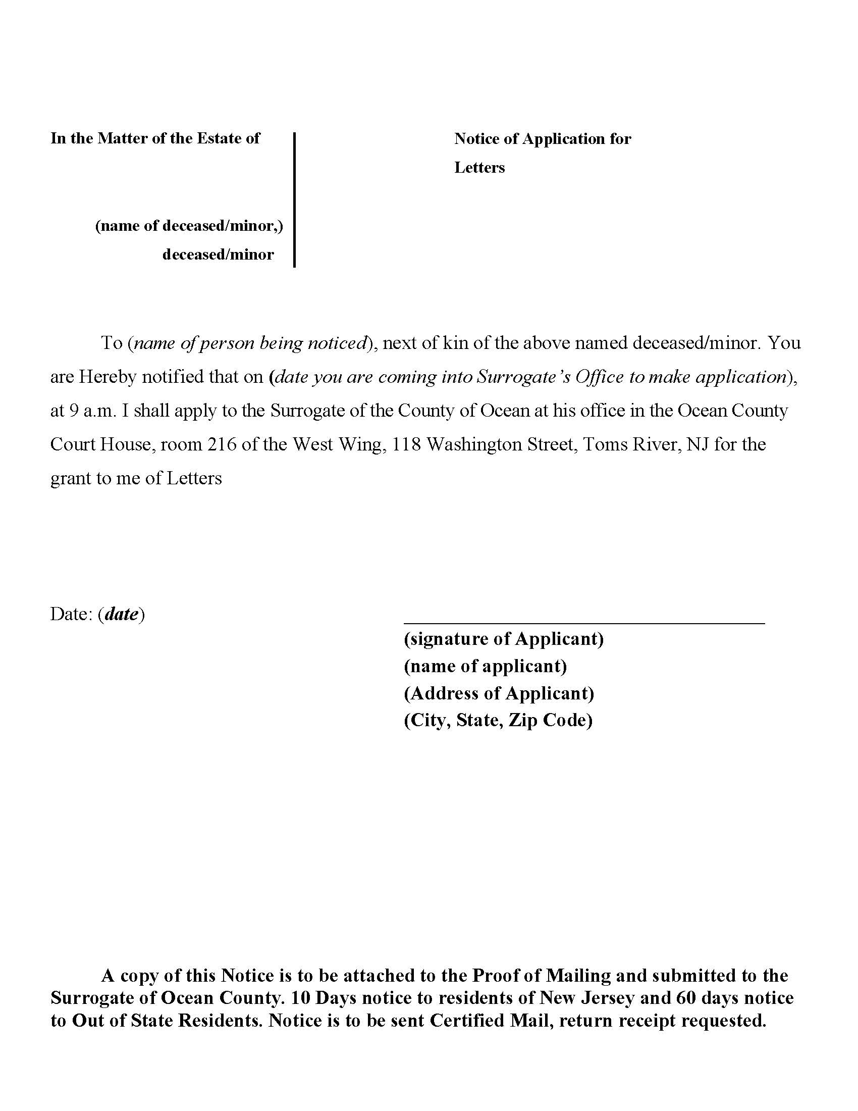 Notice Of Application For Letters | Pdf Fpdf Docx | New Jersey