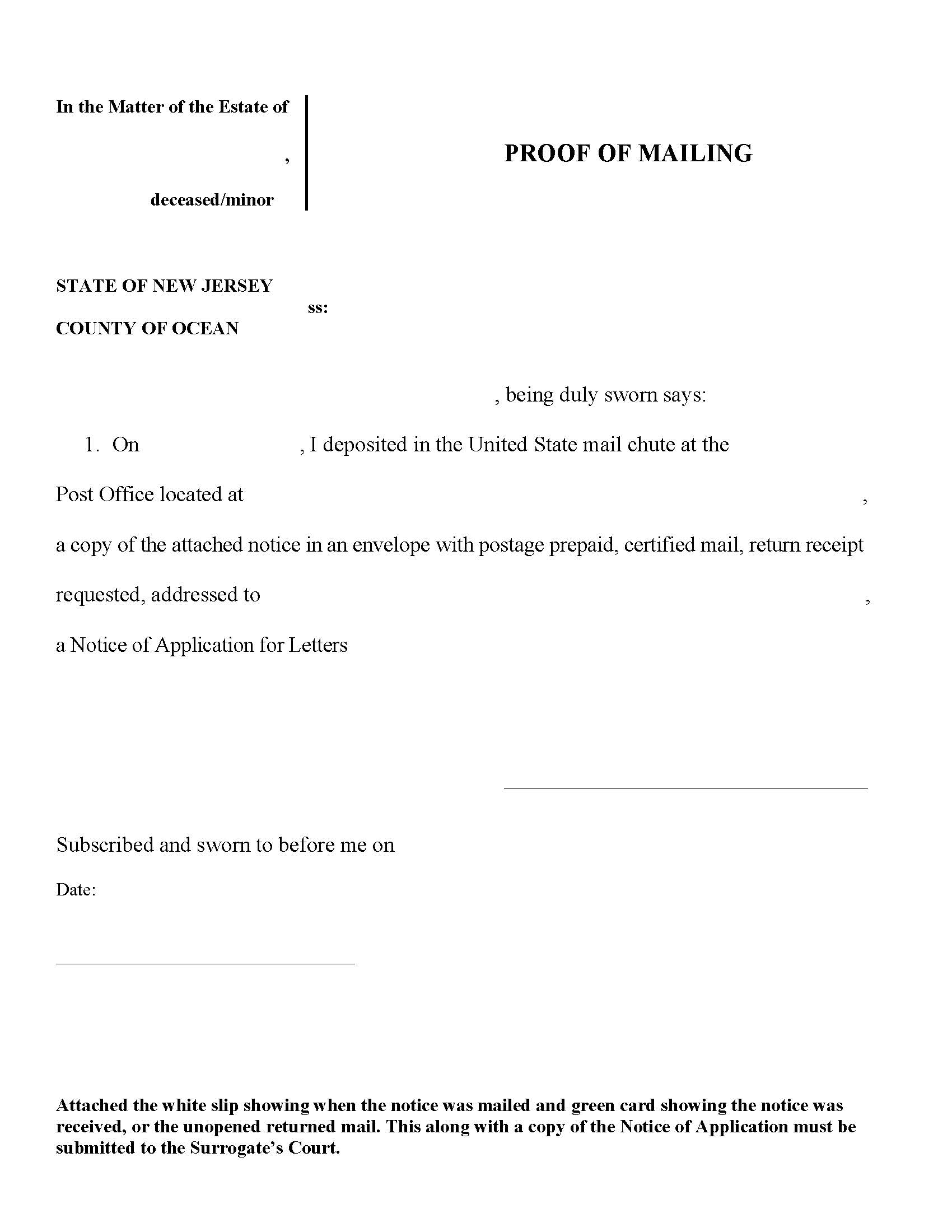 Proof Of Mailing (Notice Of Application For Letters) | Pdf Fpdf Docx | New Jersey