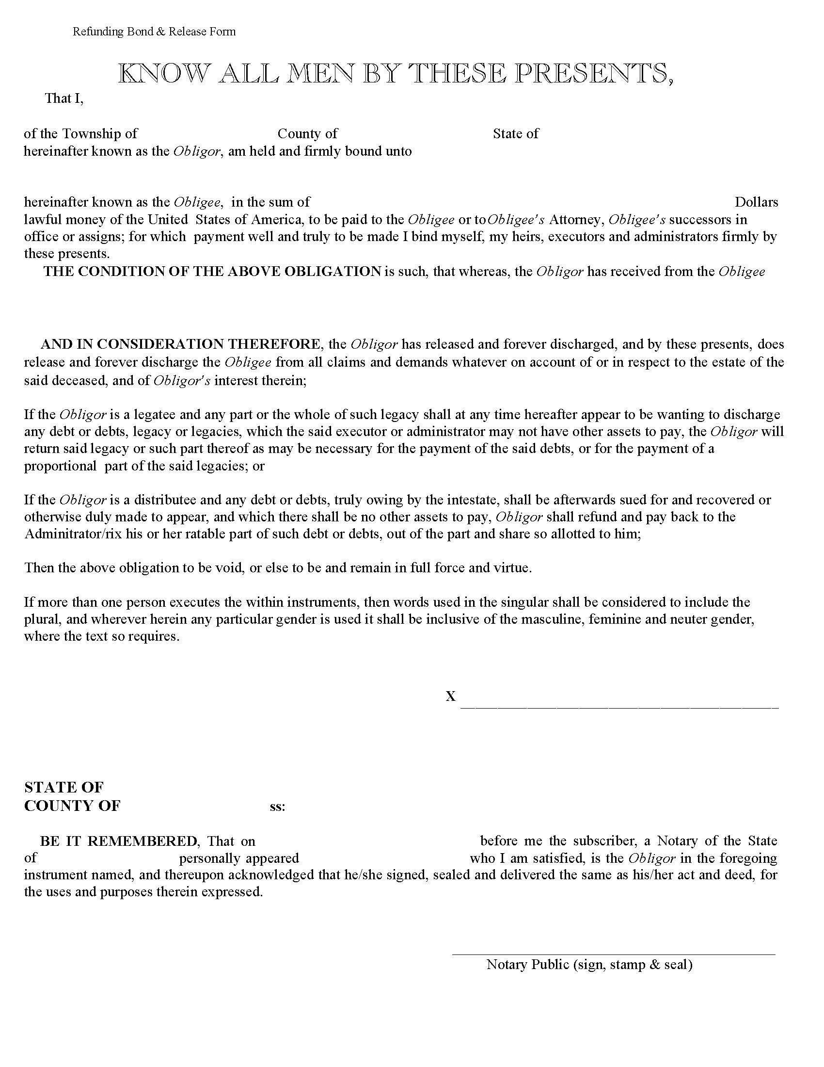 Refunding Bond And Release Form | Pdf Fpdf Doc Docx | New Jersey