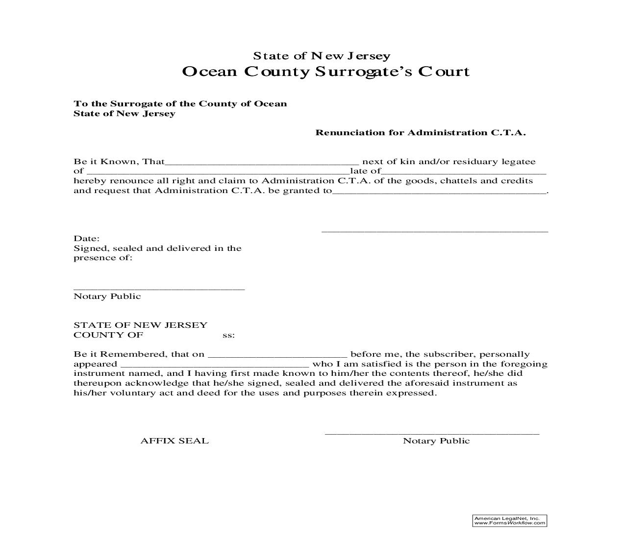 Renunciation For Administration CTA | Pdf Fpdf Doc Docx | New Jersey