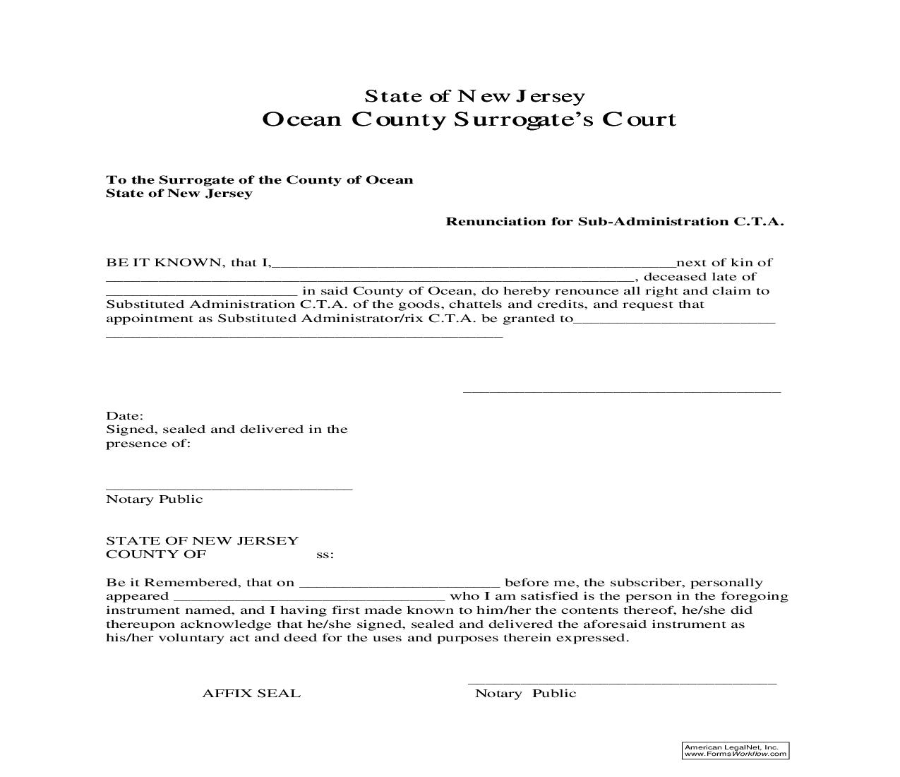 Renunciation For Sub-Administration CTA | Pdf Fpdf Doc Docx | New Jersey