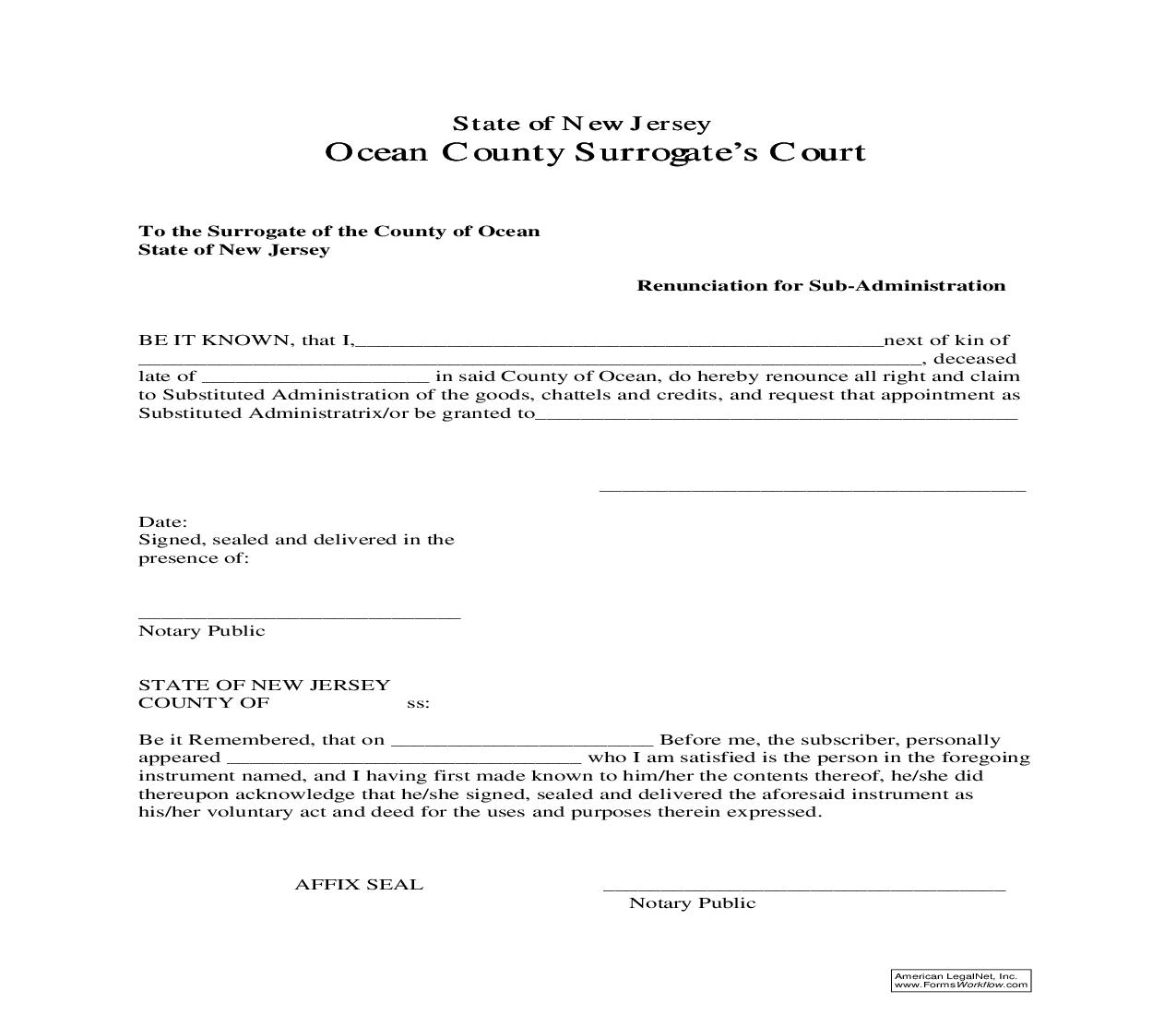 Renunciation For Sub-Administration | Pdf Fpdf Doc Docx | New Jersey