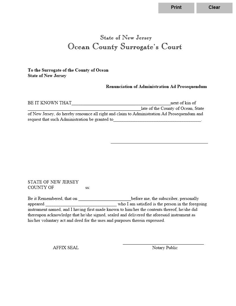 Renunciation Of Administration Ad Prosequendum | Pdf Fpdf Doc Docx | New Jersey
