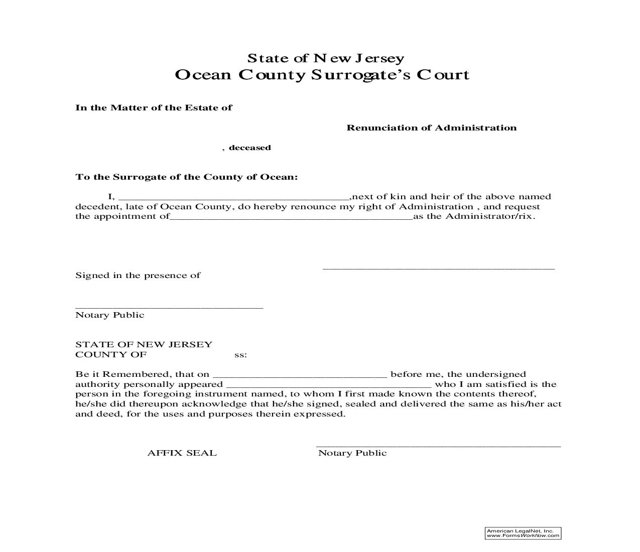 Renunciation Of Administration | Pdf Fpdf Doc Docx | New Jersey