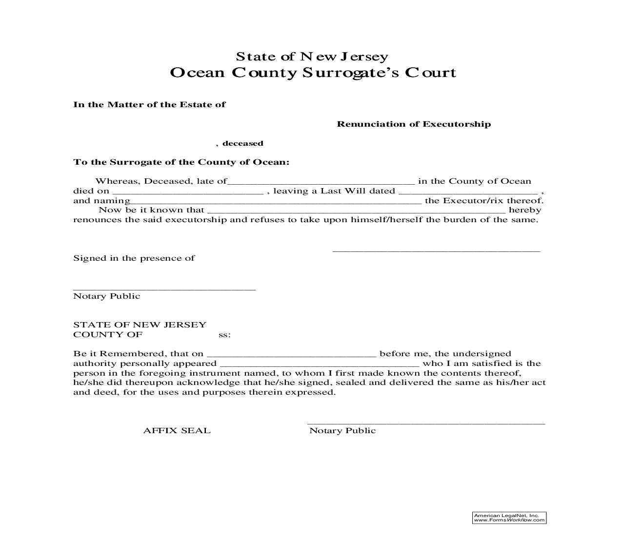 Renunciation Of Executorship | Pdf Fpdf Doc Docx | New Jersey