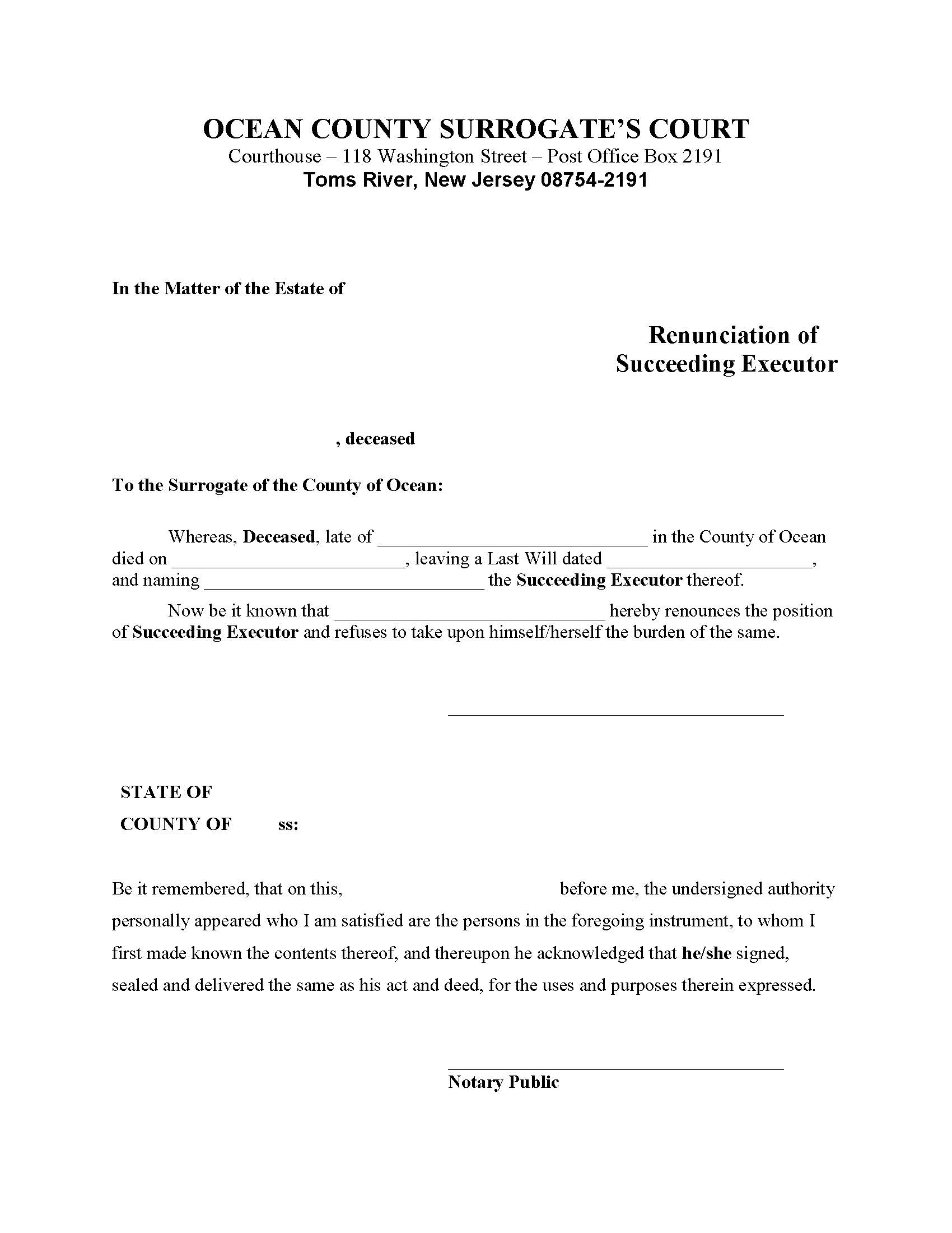 Renunciation Of Succeeding Executor | Pdf Fpdf Docx | New Jersey