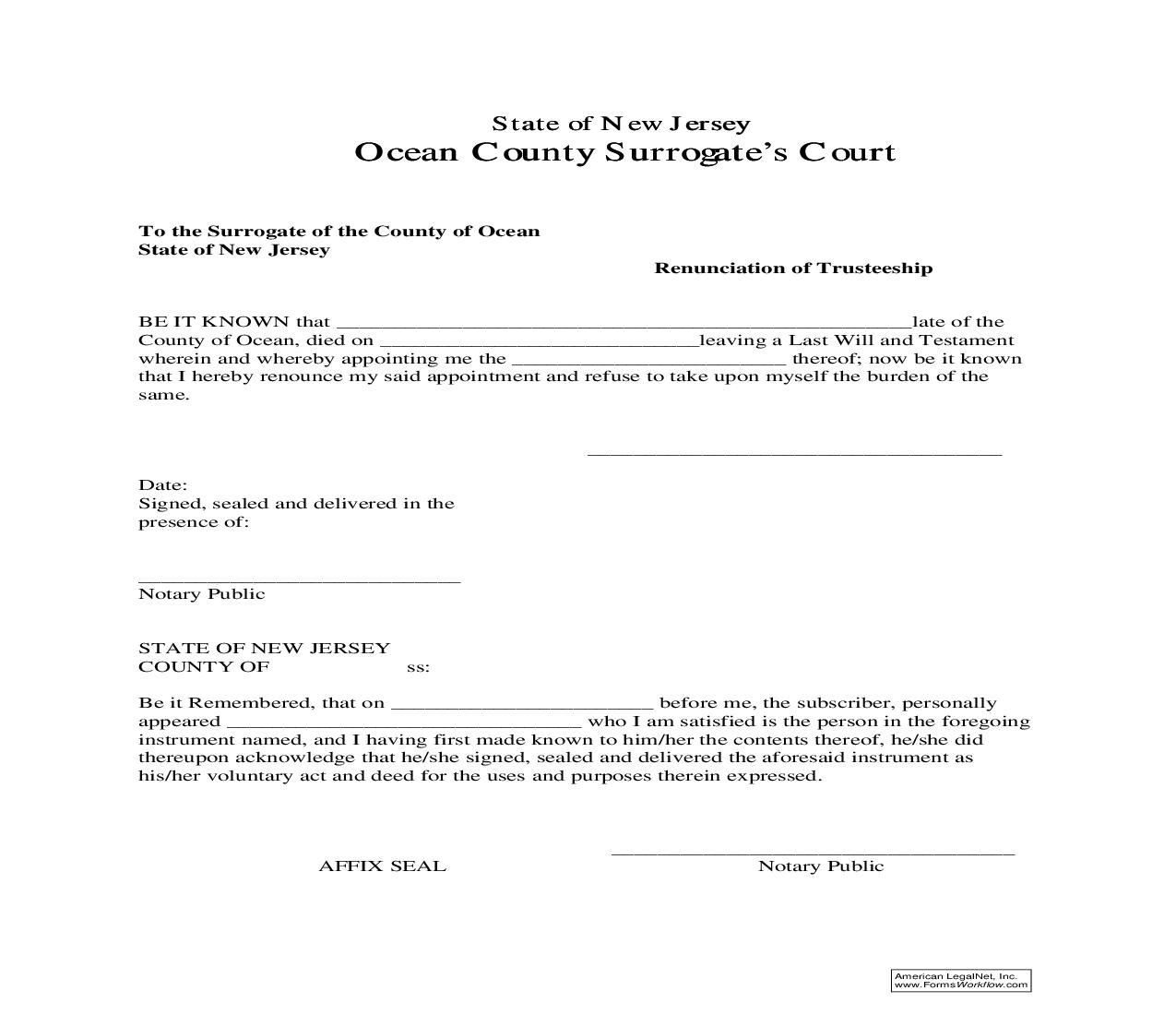 Renunciation Of Trusteeship | Pdf Fpdf Doc Docx | New Jersey