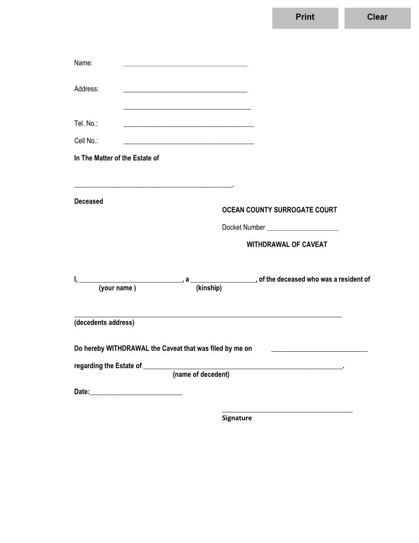 Withdrawal Of Caveat | Pdf Fpdf Docx | New Jersey