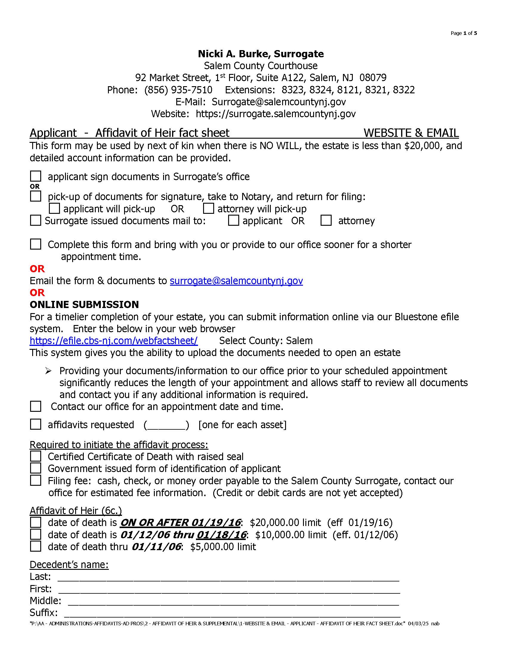 Applicant Affidavit Of Heir Fact Sheet | Pdf Fpdf Docx | New Jersey