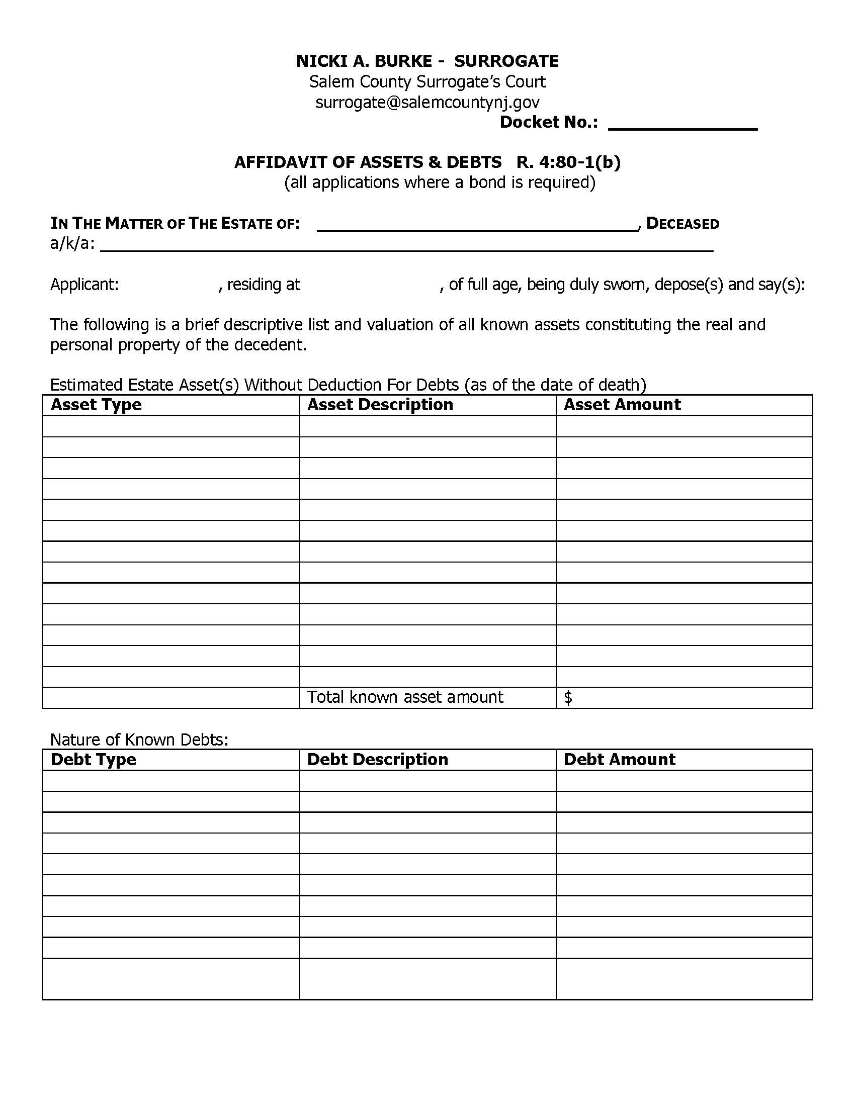 AffIdavit Of Assets And Debts | Pdf Fpdf Doc Docx | New Jersey