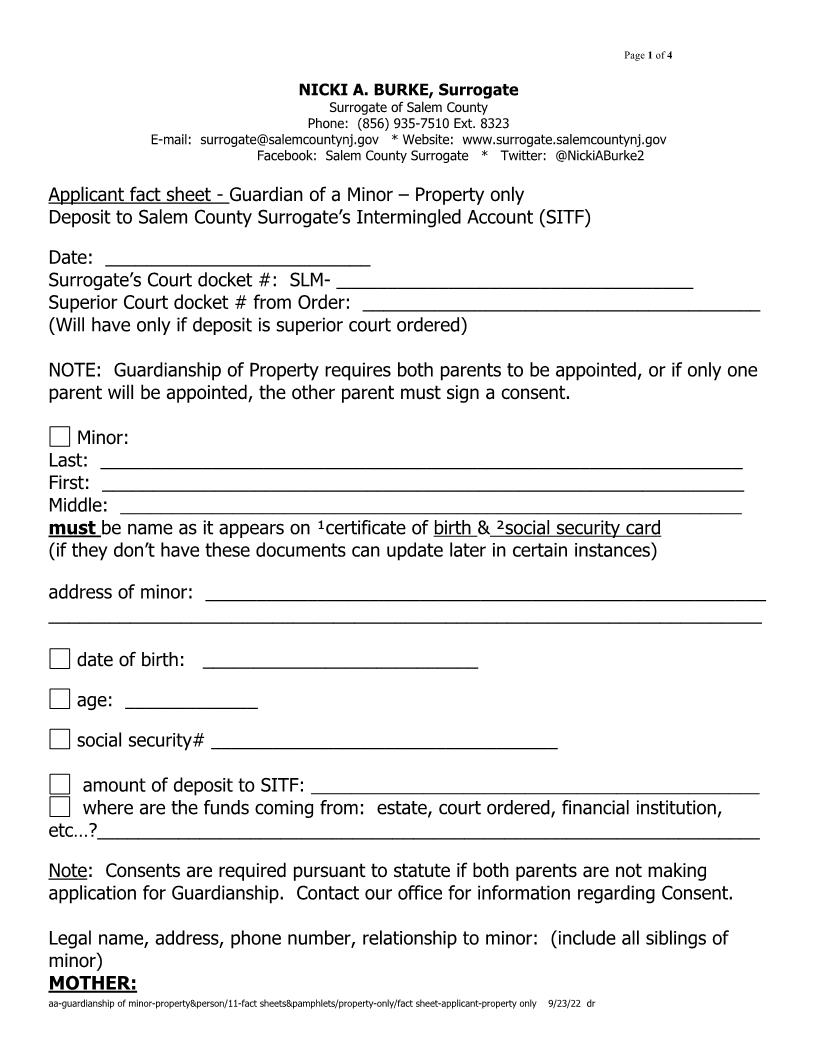 Guardian Of Minor Property Only Applicant Fact Sheet {SAL GMPO} | Pdf Fpdf Docx | New Jersey