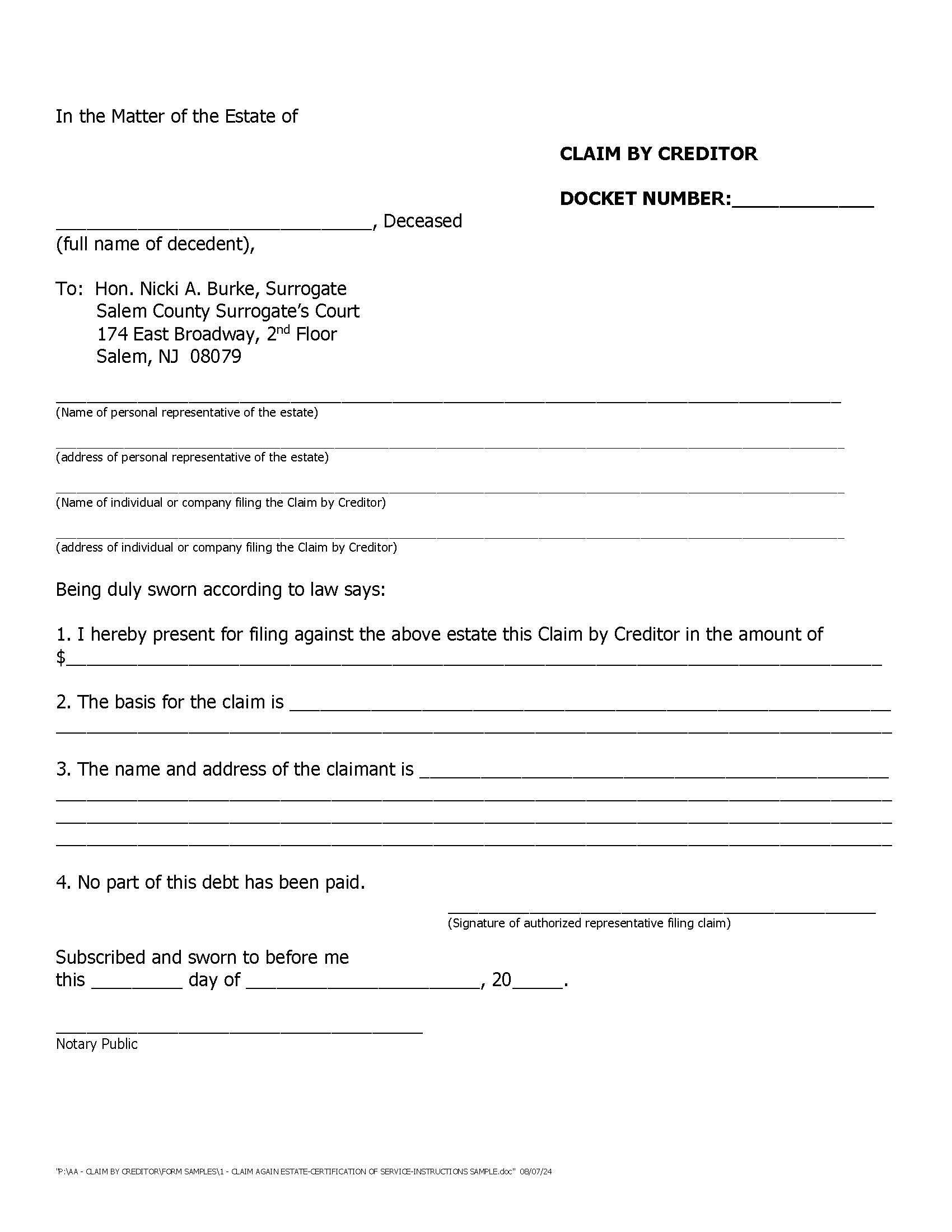 Claim By Creditor And Certification Of Service | Pdf Fpdf Docx | New Jersey