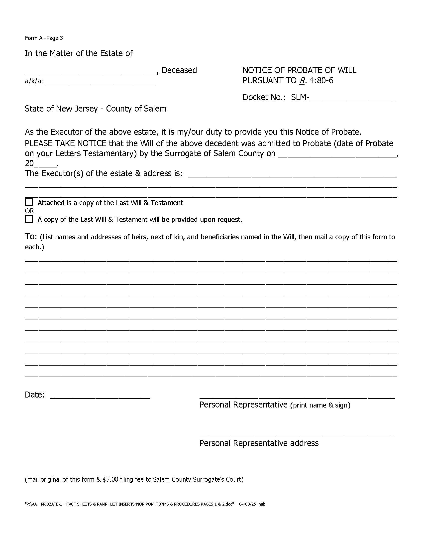 Notice Of Probate Of Will Proof Of Mailing With Instructions {SAL NPW} | Pdf Fpdf Doc Docx | New Jersey