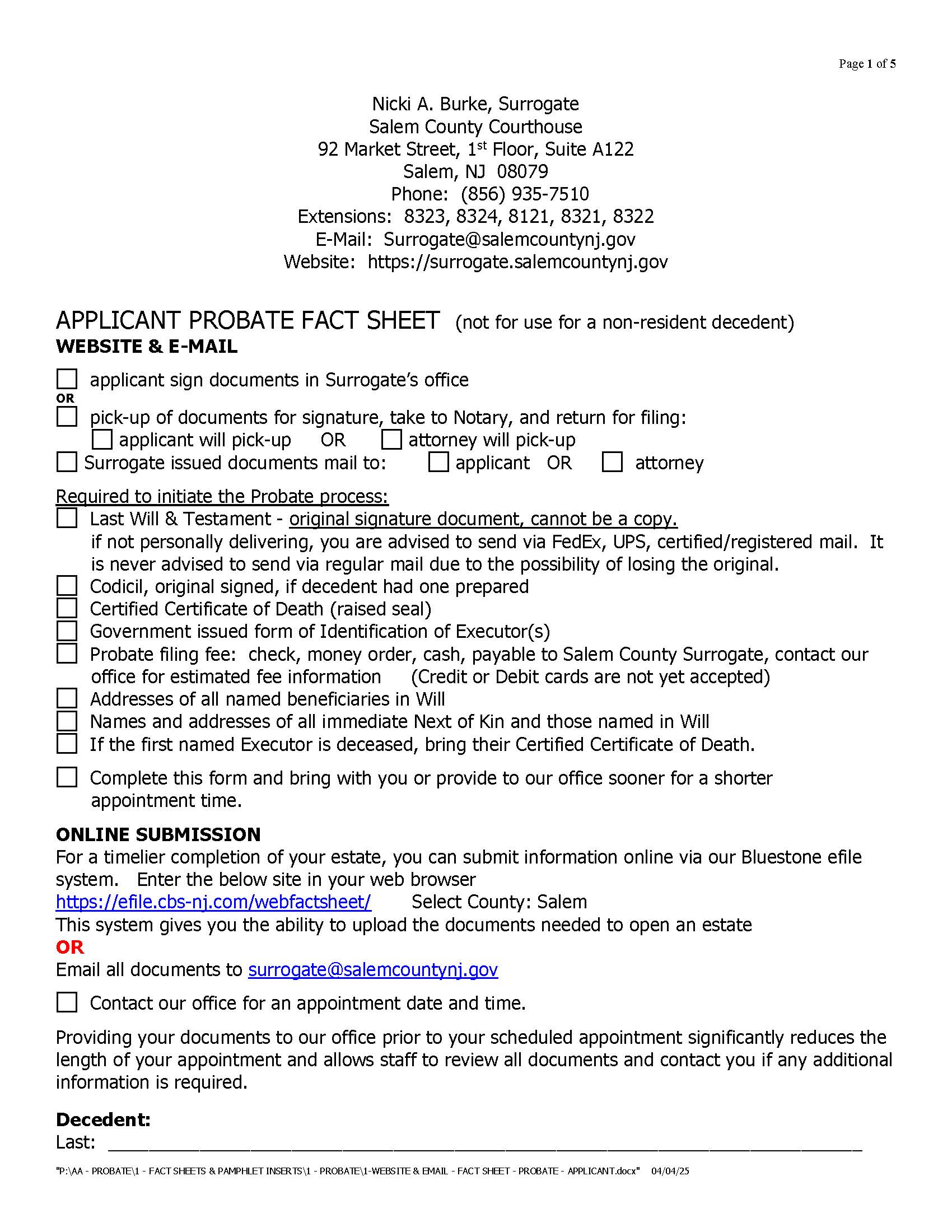 Probate Fact Sheet | Pdf Fpdf Doc Docx | New Jersey