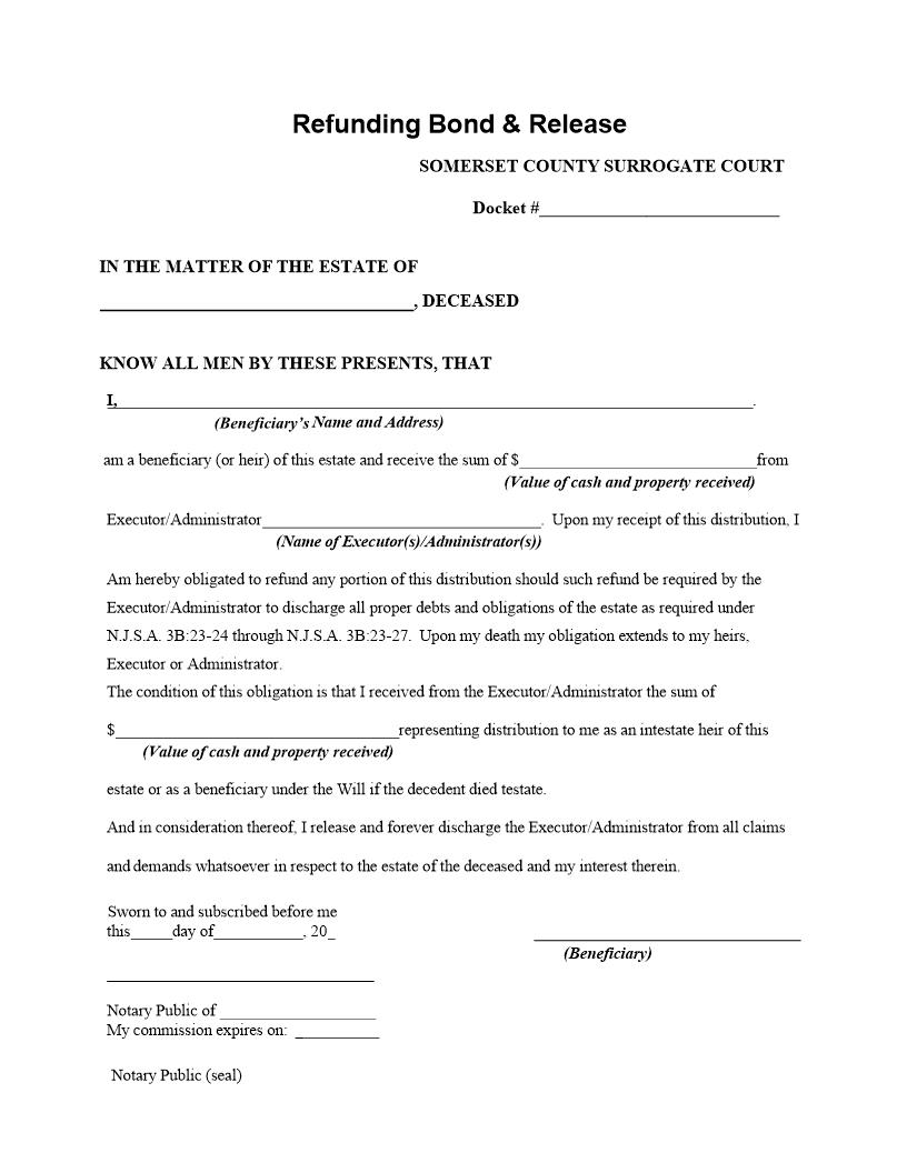 Refunding Bond And Release | Pdf Fpdf Docx | New Jersey