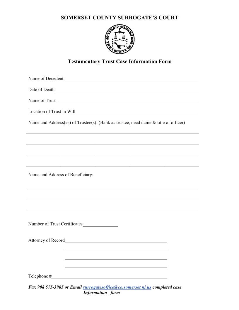 Testamentary Trust Case Information Form | Pdf Fpdf Docx | New Jersey