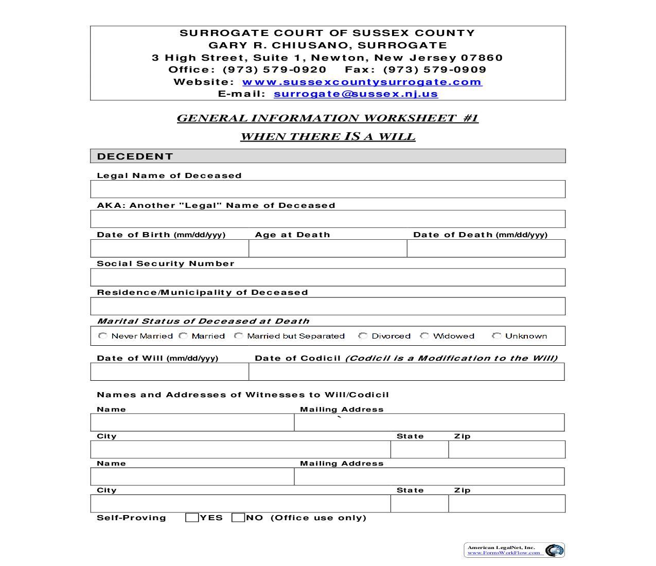 General Information Worksheet No. 1 When There Is A Will | Pdf Fpdf Doc Docx | New Jersey