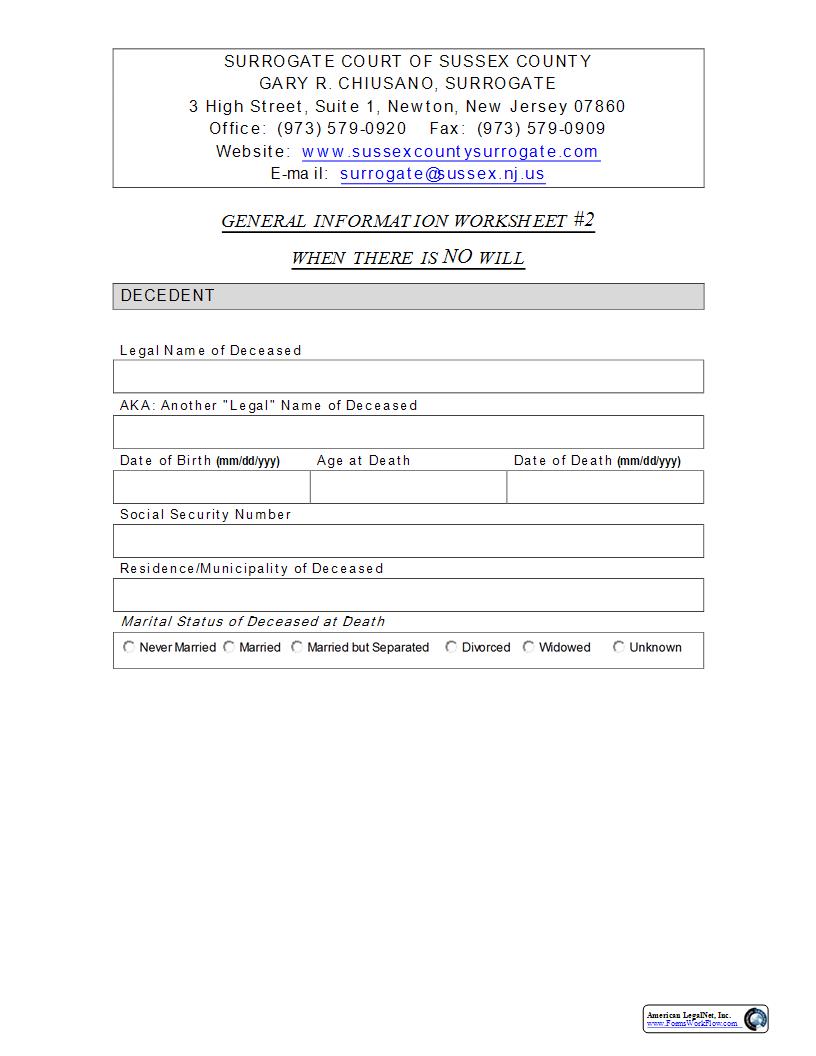 General Information Worksheet No. 2 When There Is No Will | Pdf Fpdf Docx | New Jersey