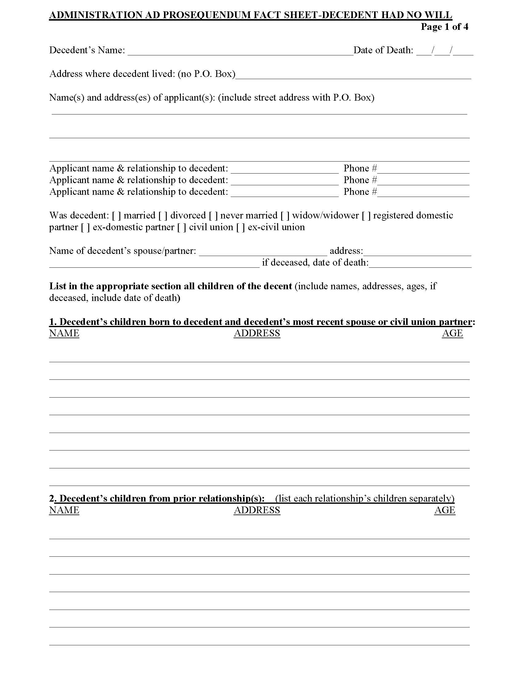 Administration Ad Prosequendum Fact Sheet - Decedent Had No Will | Pdf Fpdf Docx | New Jersey