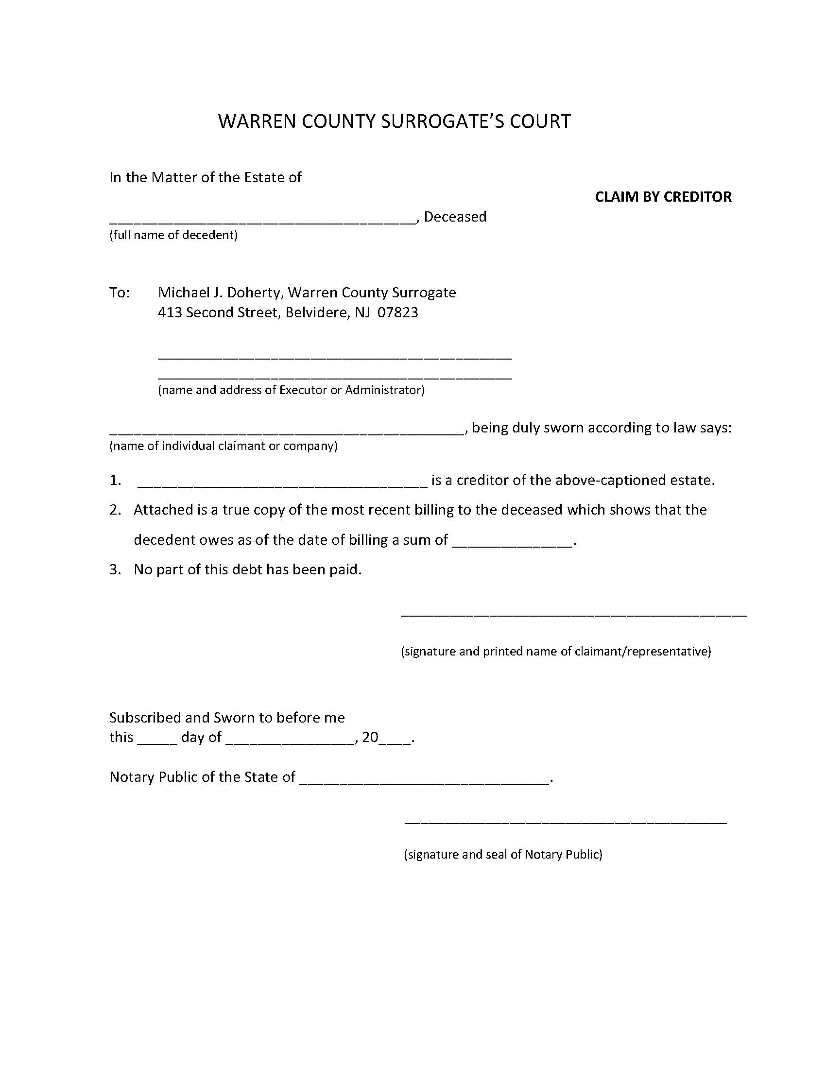 Claim By Creditor | Pdf Fpdf Docx | New Jersey