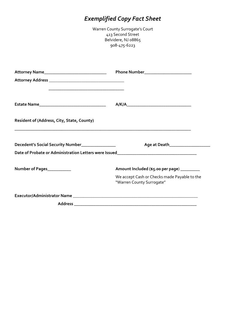 Exemplified Copy Fact Sheet {WAR ECFS} | Pdf Fpdf Docx | New Jersey