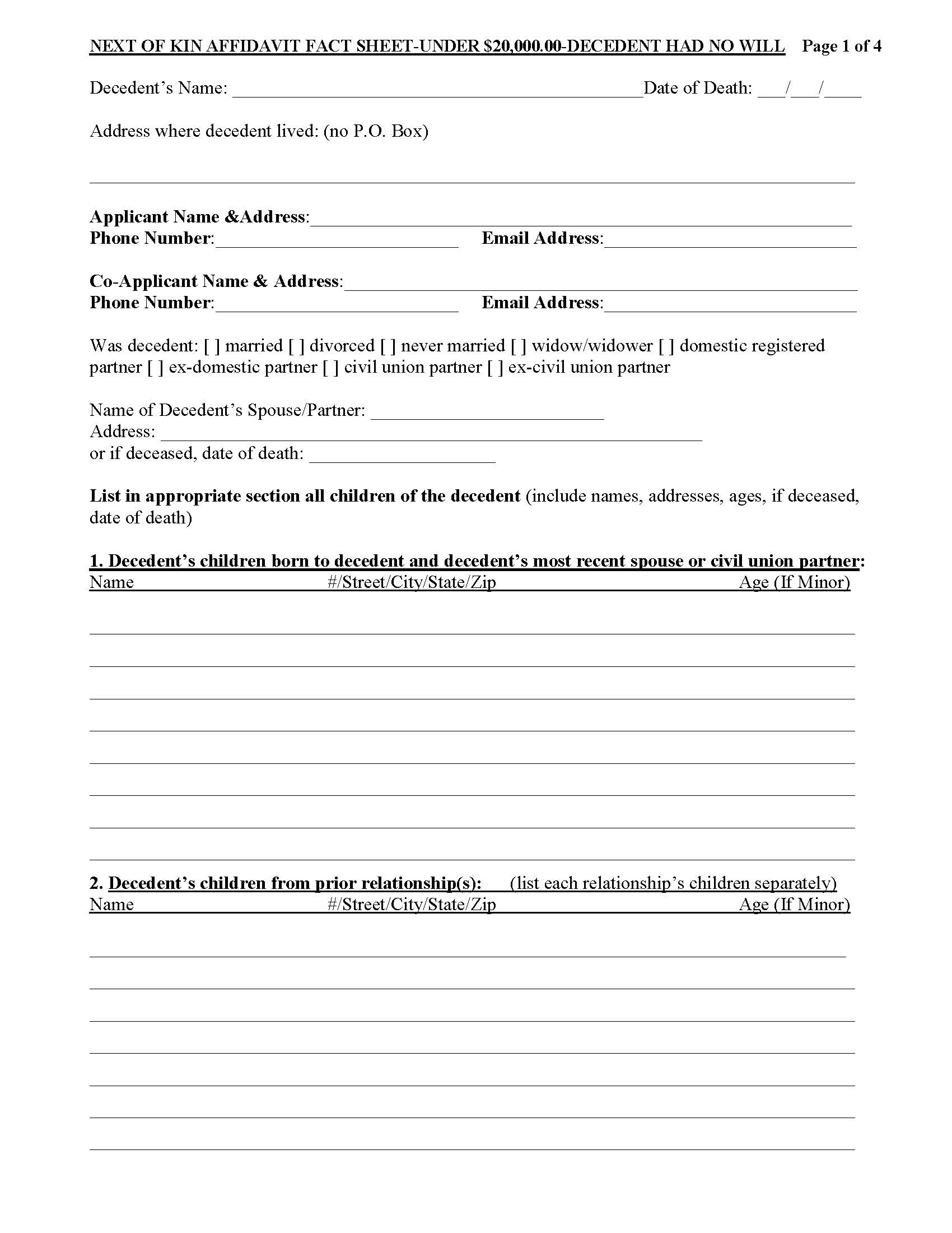 Next Of Kin Affidavit Fact Sheet - Under 20000 - No Will | Pdf Fpdf Docx | New Jersey