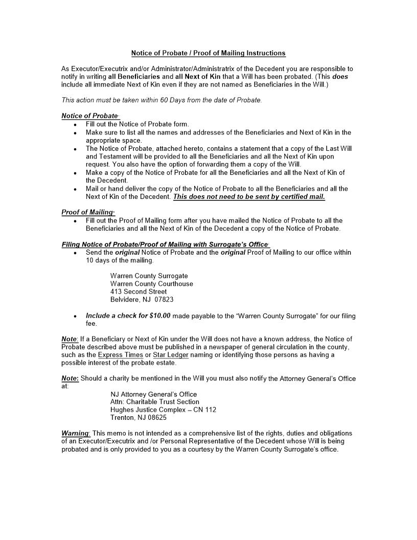 Notice Of Probate Of Will With Proof Of Mailing | Pdf Fpdf Docx | New Jersey