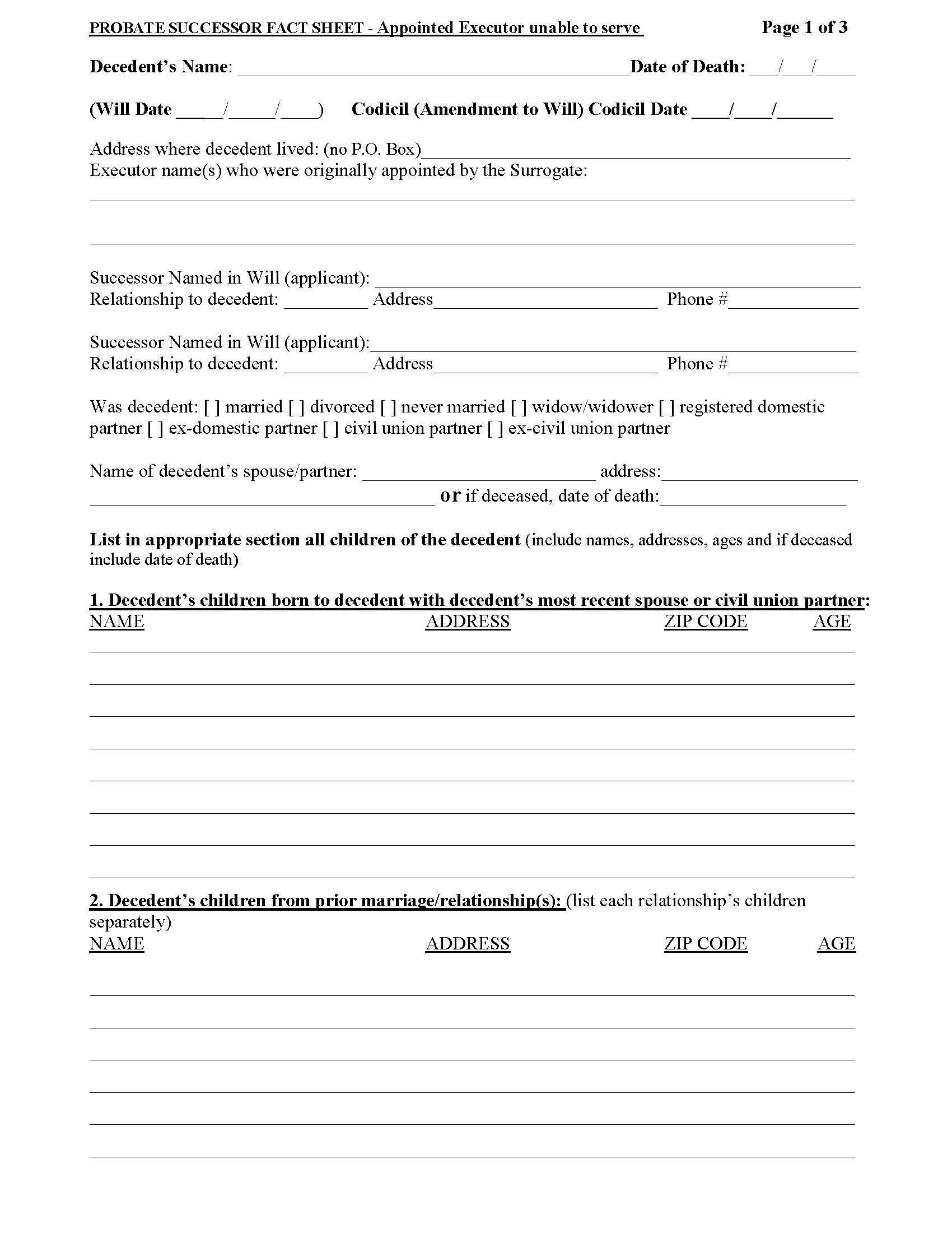 Probate Successor Fact Sheet - Appointed Executor Unable To Serve | Pdf Fpdf Docx | New Jersey