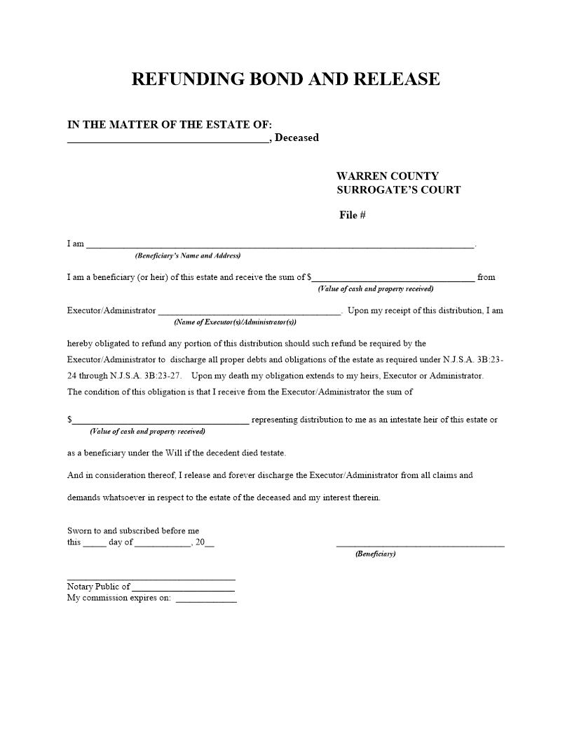 Refunding Bond And Release | Pdf Fpdf Docx | New Jersey