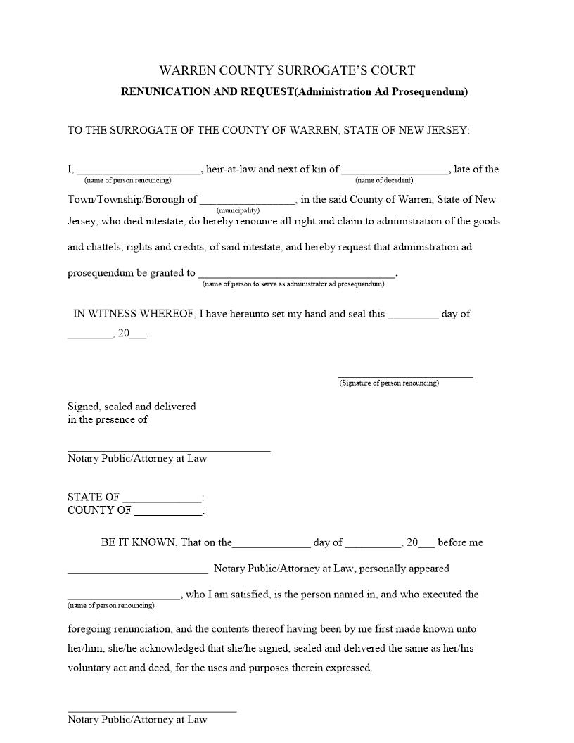 Renunciation And Request (Administration Ad Prosequendum) | Pdf Fpdf Docx | New Jersey