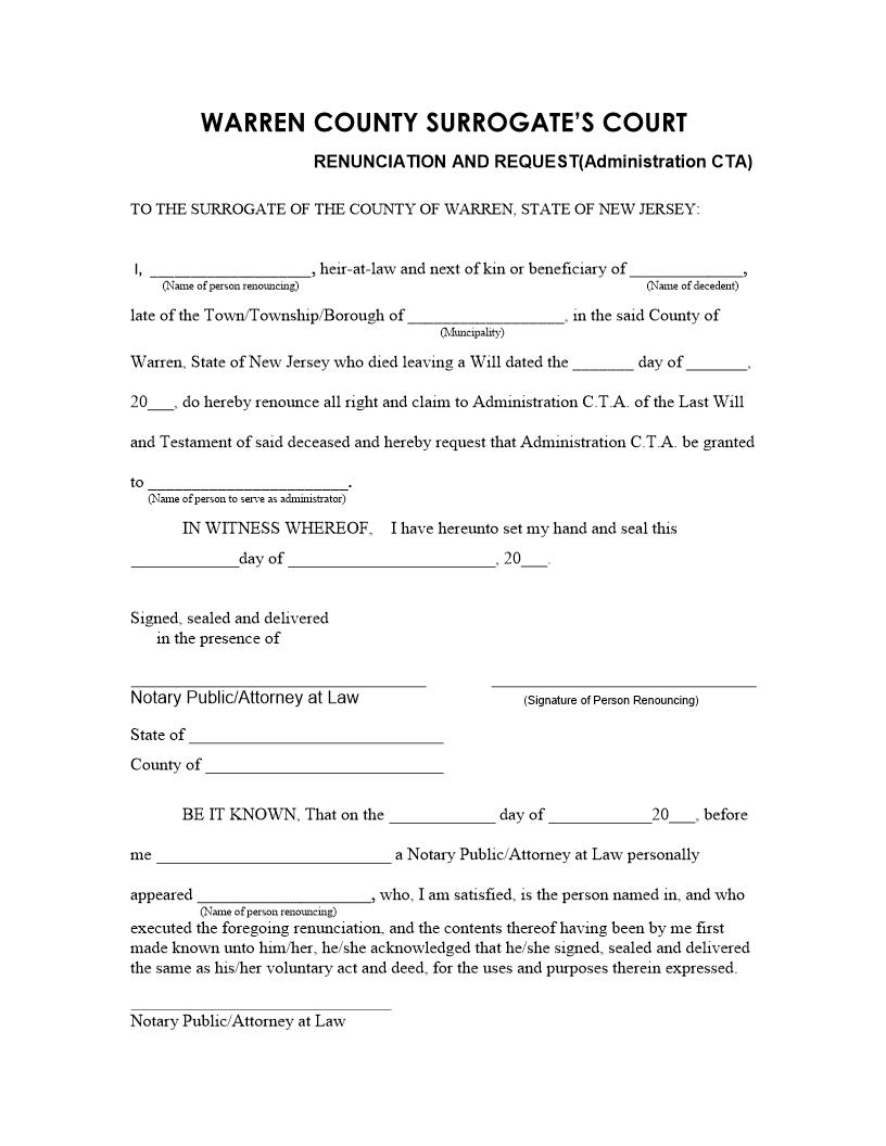 Renunciation And Request (Administration CTA) | Pdf Fpdf Docx | New Jersey
