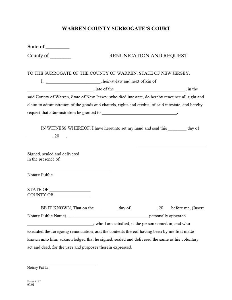 Renunciation And Request (Administration) | Pdf Fpdf Docx | New Jersey
