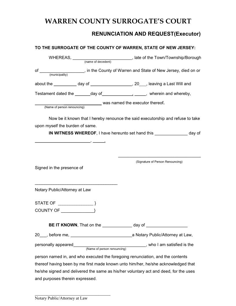 Renunciation And Request (Executor) {WAR RR-E} | Pdf Fpdf Docx | New Jersey