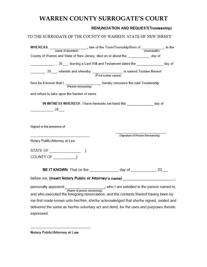 Renunciation And Request (Trusteeship) | Pdf Fpdf Docx | New Jersey