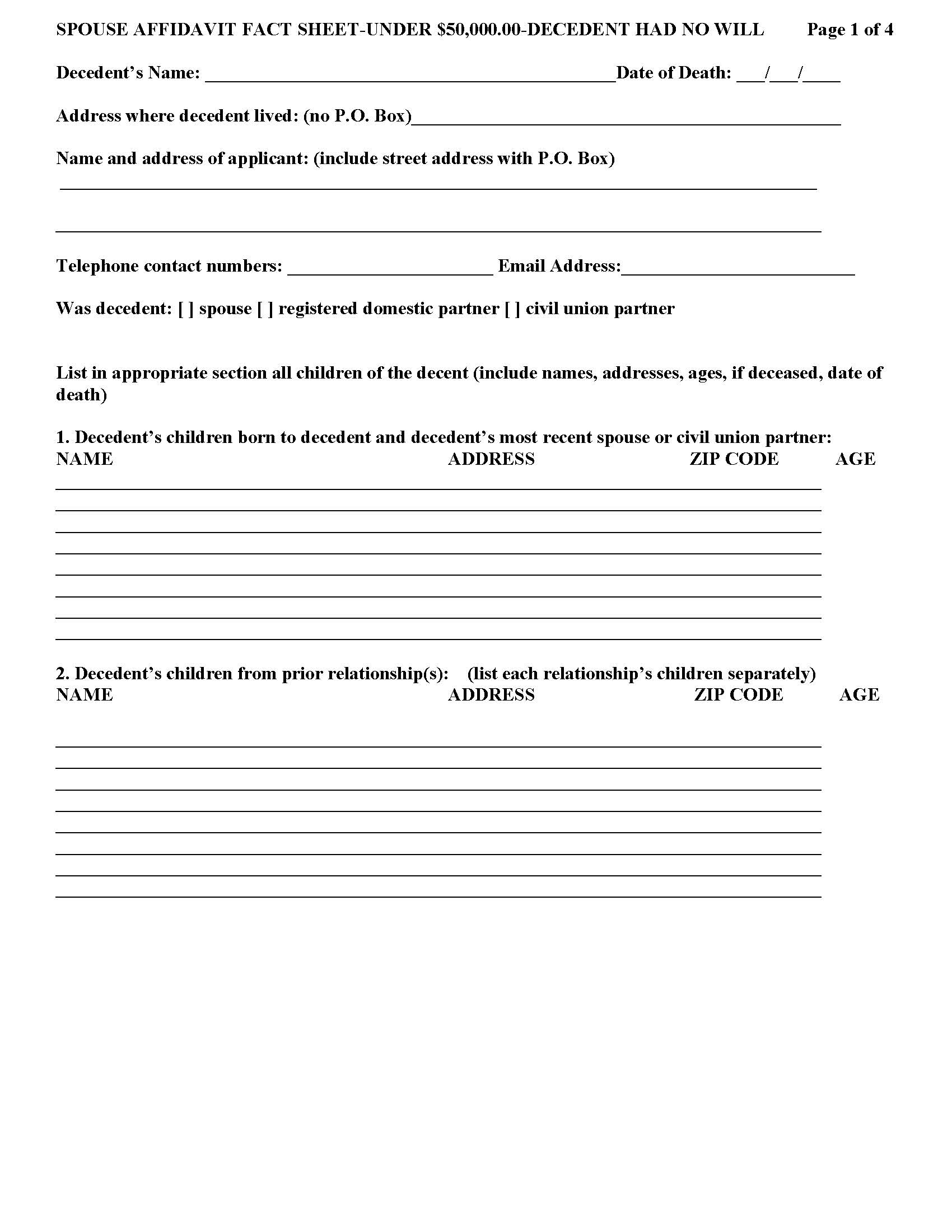 Spouse Affidavit Fact Sheet - Under 50000 - No Will | Pdf Fpdf Docx | New Jersey